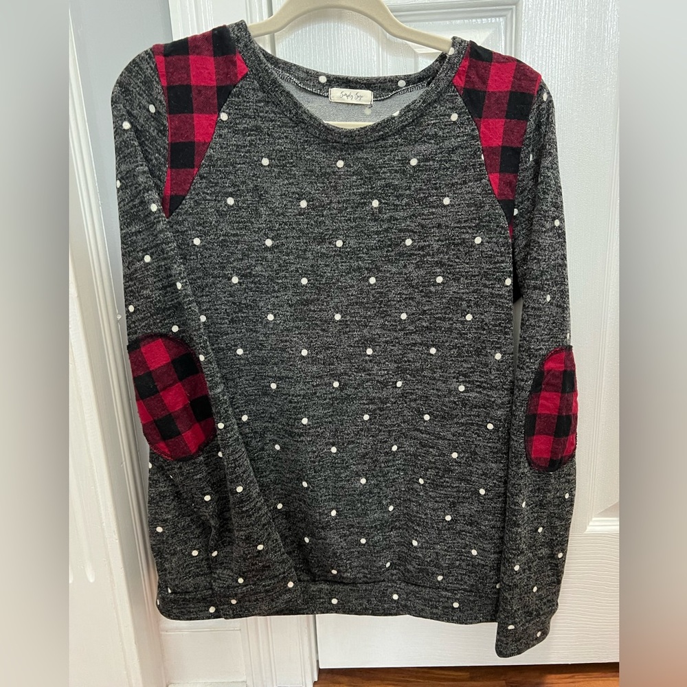 Women’s Polka Dot Sweater with plaid accents, Size Large